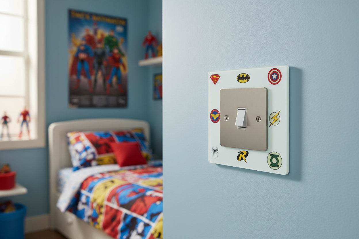 Mini Superhero Logo Light Switch Surrounds / Socket Surrounds