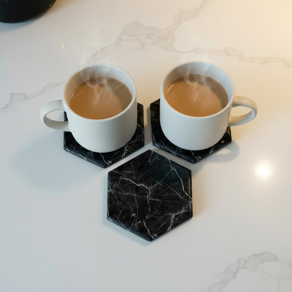 Hexagon Black Marble Effect Coaster