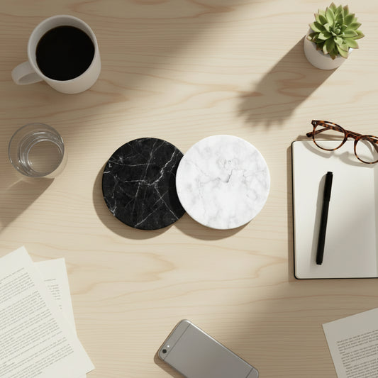 Black and White Marble Effect Round Coasters – Set of 2