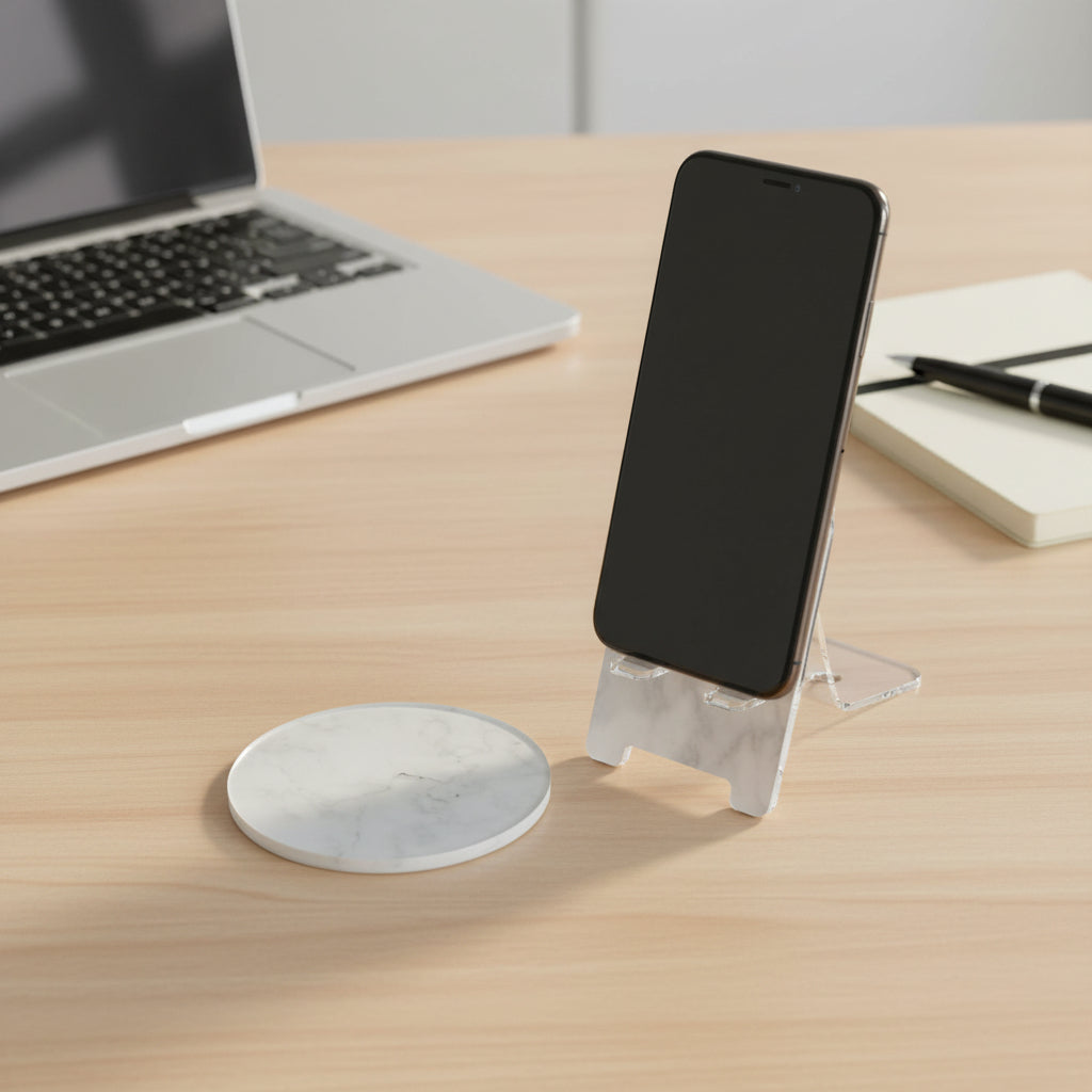 White Marble Effect Phone Holder and Coaster Set