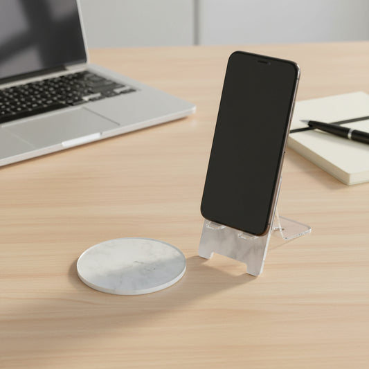 White Marble Effect Phone Holder and Coaster Set