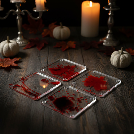 Blood Splat Coasters in Halloween Setting