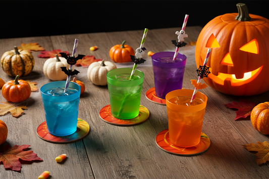 Pumpkin Coasters with Halloween Decorations and Kids Party Drinks