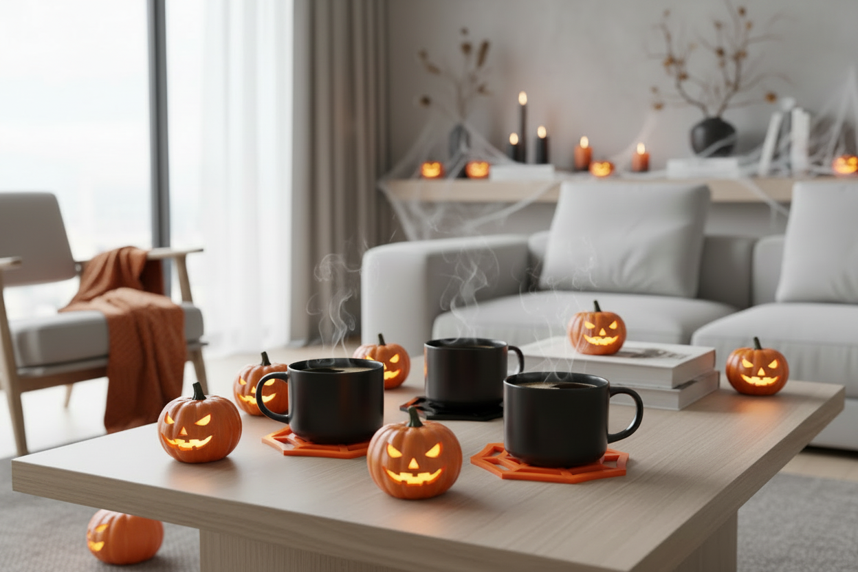 Spider Web Coasters with Coffee in Modern Living Room