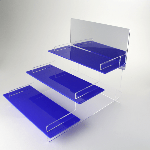 3 Tier with Mirror Header Blue Acrylic Display Stand