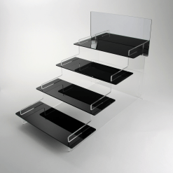 Four Tiered Black Acrylic Display Stand with Mirror Header Empty