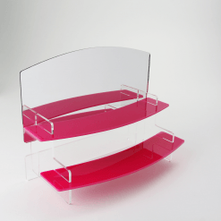 slimline two tiered pink acrylic display stand with mirror header