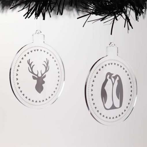 Penguin & Stag Acrylic Christmas Baubles Set on Tree