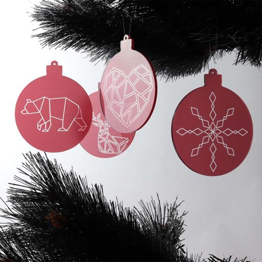 Red Geometric Acrylic Christmas Baubles Set on Tree