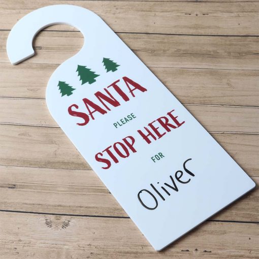 Santa Please Stop Here For Door Hanging Sign Wood with name