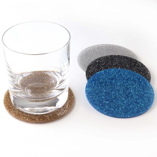4 Glitter Acrylic Circle Coasters with Glass on white background