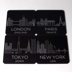 Black City Skyline Design Printed Acrylic Coasters