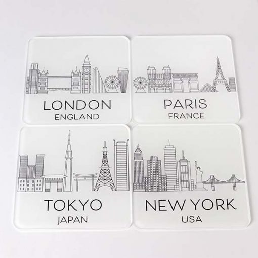 White Capital City Skyline Printed Acrylic Coasters